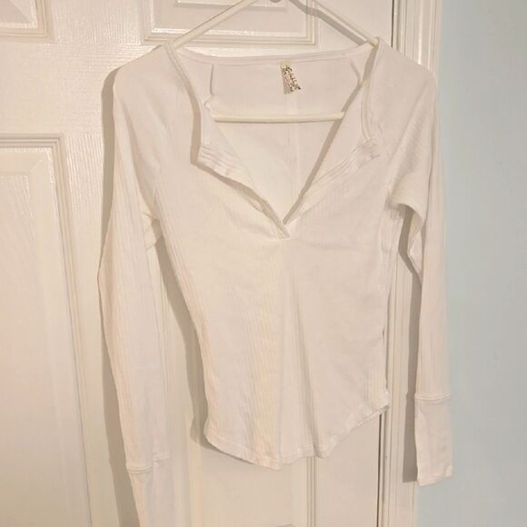 Free People Cream Fitted Blouse with Polo Collar and Long Sleeves - Picture 1 of 5